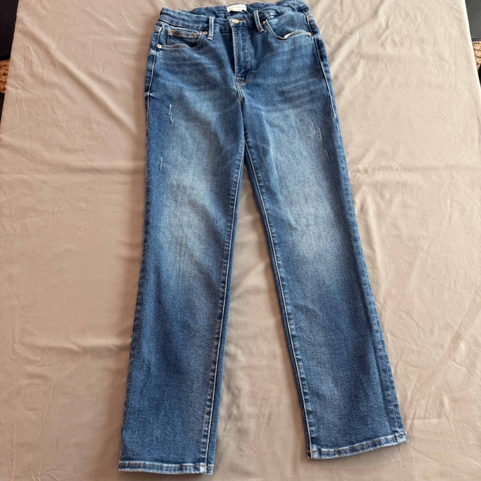 Good American High Rise Straight Leg Jeans Medium Wash Blue Size 4 27 Distressed